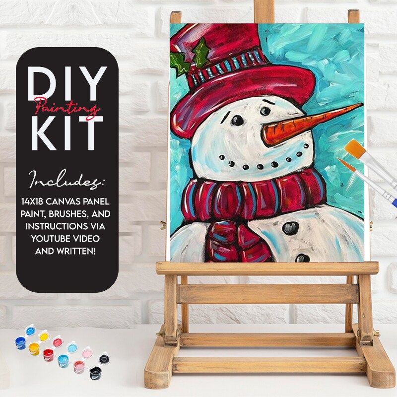 Dapper Snowman in Hat and Scarf, Video Instructional Paint Kit, 11x14 inch, DIY Canvas Art Kit, Kid and Adult Painting